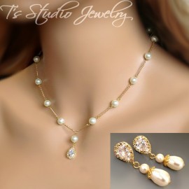 Pearl Bridal Necklace Wedding Jewelry Three Strand With Brooch Teardrop Pearl Bridal Necklace Earrings Set Charlotte