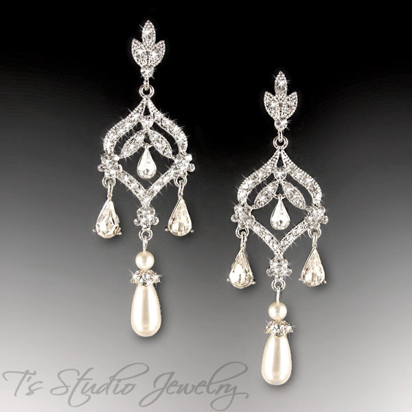 Ivory Or White Pearl Long Bridal Chandelier Cz Earrings Daphne