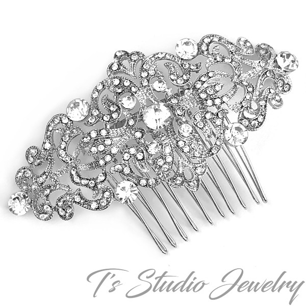 Silver Crystal Flower Hair Clip Vintage Art Deco 1920/'s Style Side Comb Rhinestone Flowers Leaf Hair Pin Bridal Wedding Hair Slide Barrette