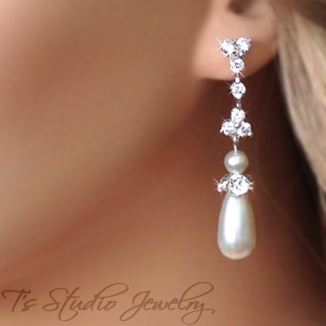 CZ Cubic Zirconia Crystal and Teardrop Pearl Bridal or Bridesmaid Earrings 