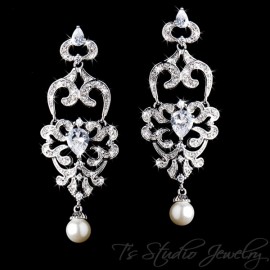CZ Chandelier Bridal Earrings with Pearl Drop