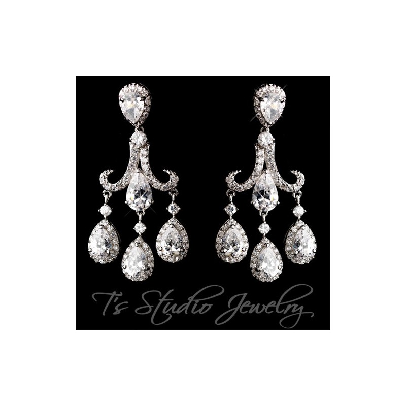 Pear Shaped CZ Bridal Chandelier Earrings