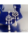 Long Teardrop Pearl Chandelier Bridal Earrings - Silver and Crystal Earings with white ivory or champagne pearls