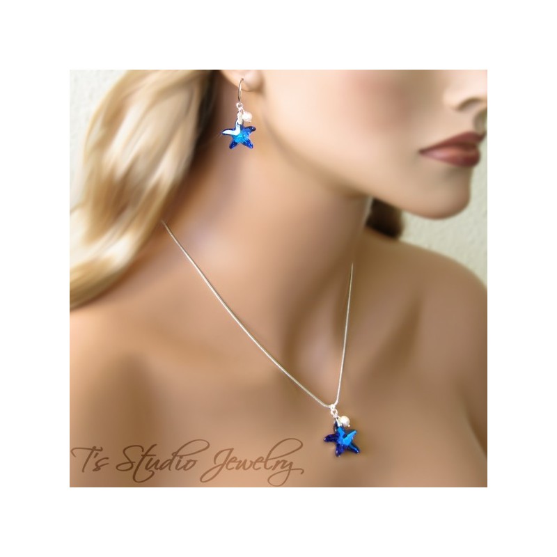Blue Crystal Starfish Bridesmaid Necklace Earrings Set
