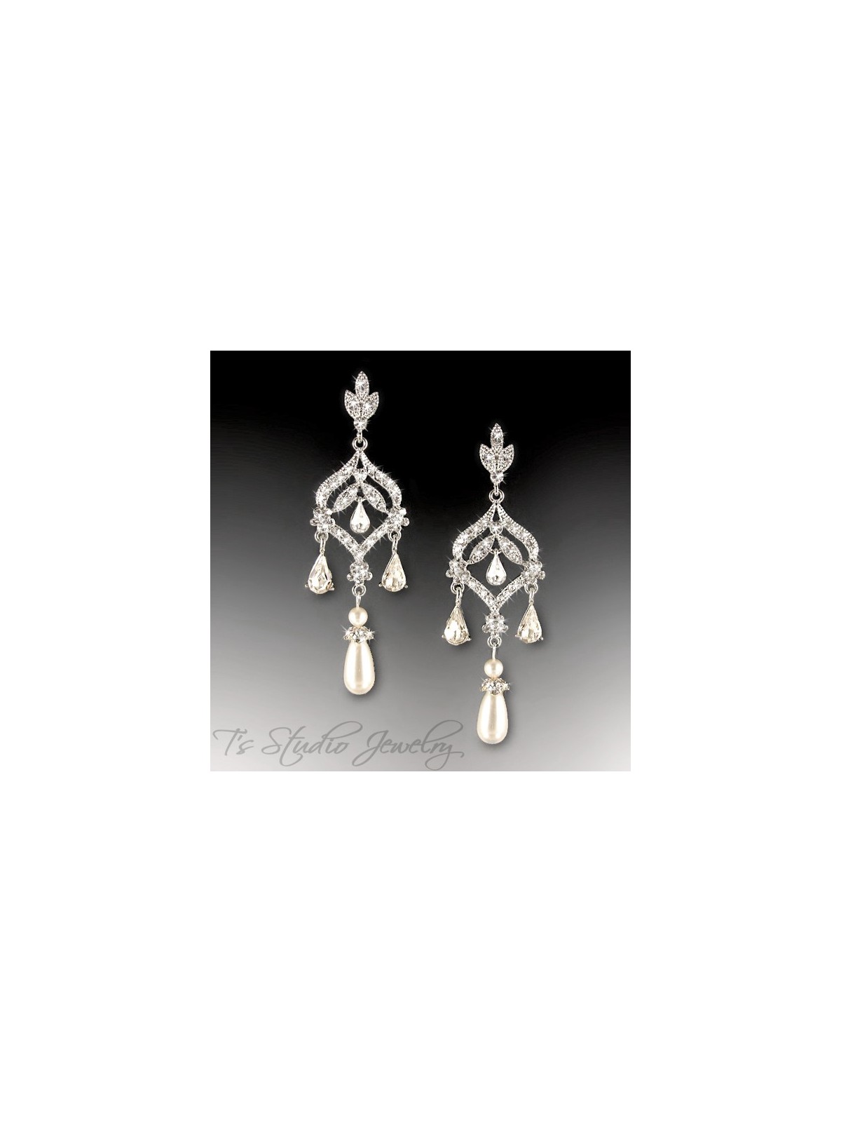 Long Teardrop Pearl Chandelier Bridal Earrings - Silver and Crystal Earings with white ivory or champagne pearls