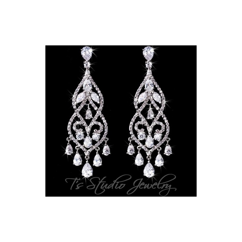 CZ Crystal Pave Bridal Chandelier Earrings Pear Cubic Zirconia