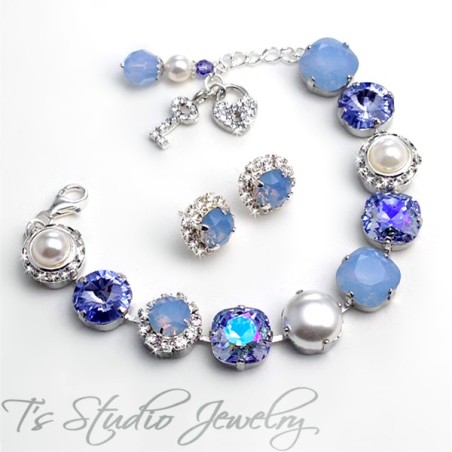 Periwinkle Ice Blue Opal Pearl and Crystal Bracelet