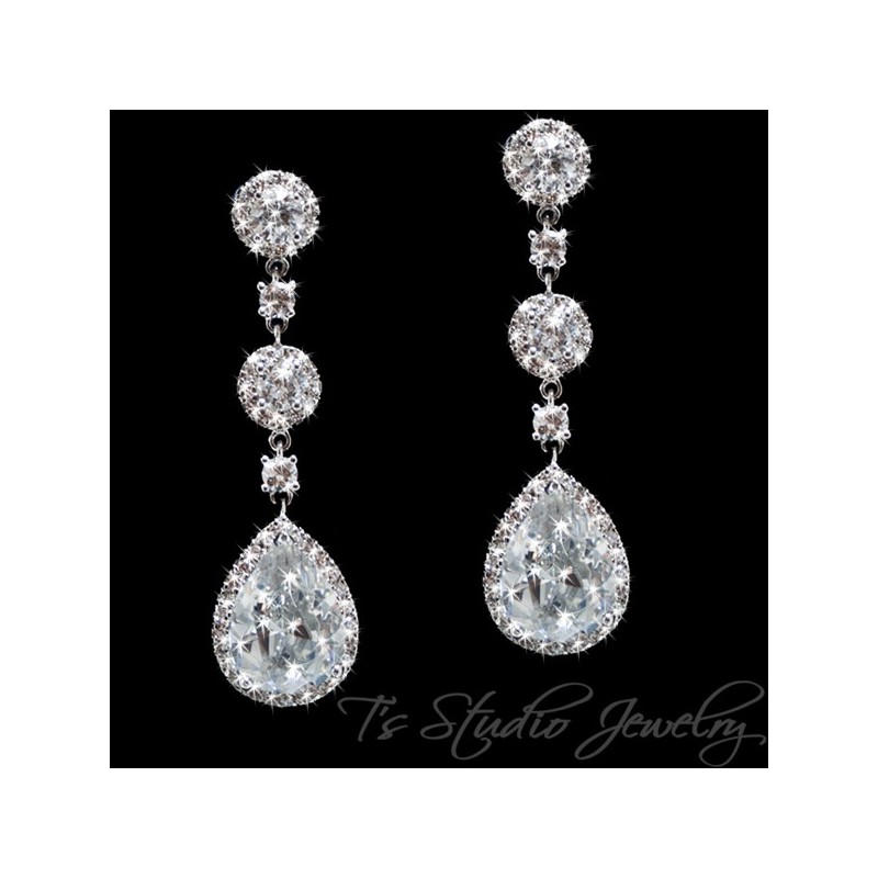Teardrop CZ Bridal Chandelier Earrings Cubic Zirconia Crystal