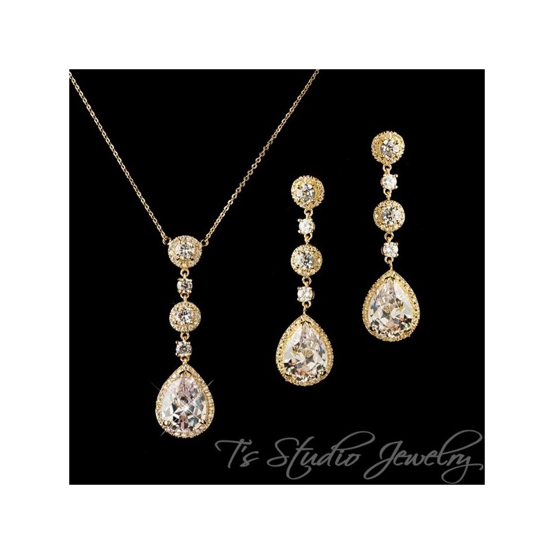 Gold Teardrop CZ Bridal Chandelier Earrings & Matching Necklace