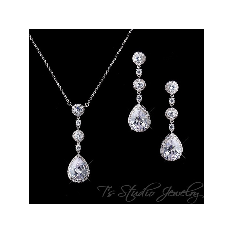 Teardrop CZ Bridal Chandelier Earrings & Matching Necklace