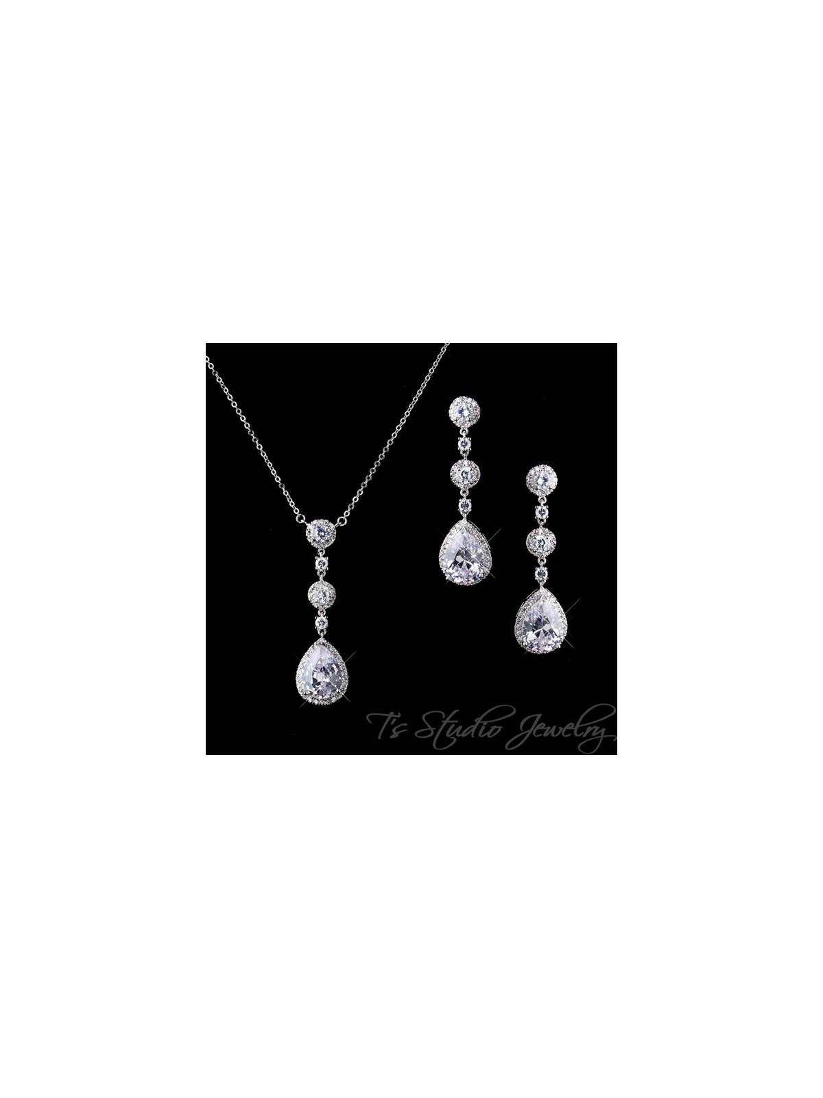 Teardrop CZ Bridal Chandelier Earrings & Matching Necklace