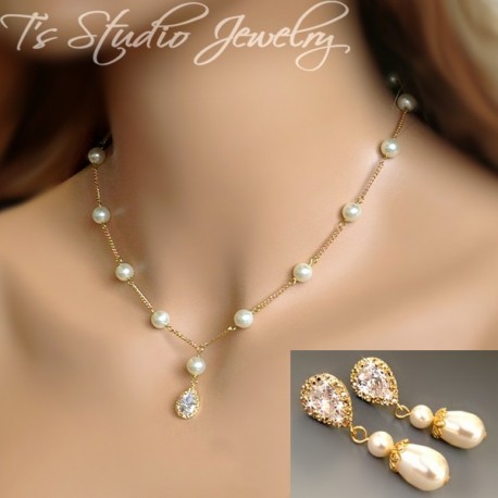 White Ivory Pearl Bridal Necklace Silver Or Gold Chain Wedding Jewelry