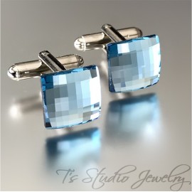 Aqua Blue Swarovski Crystal Square Chessboard Cufflinks
