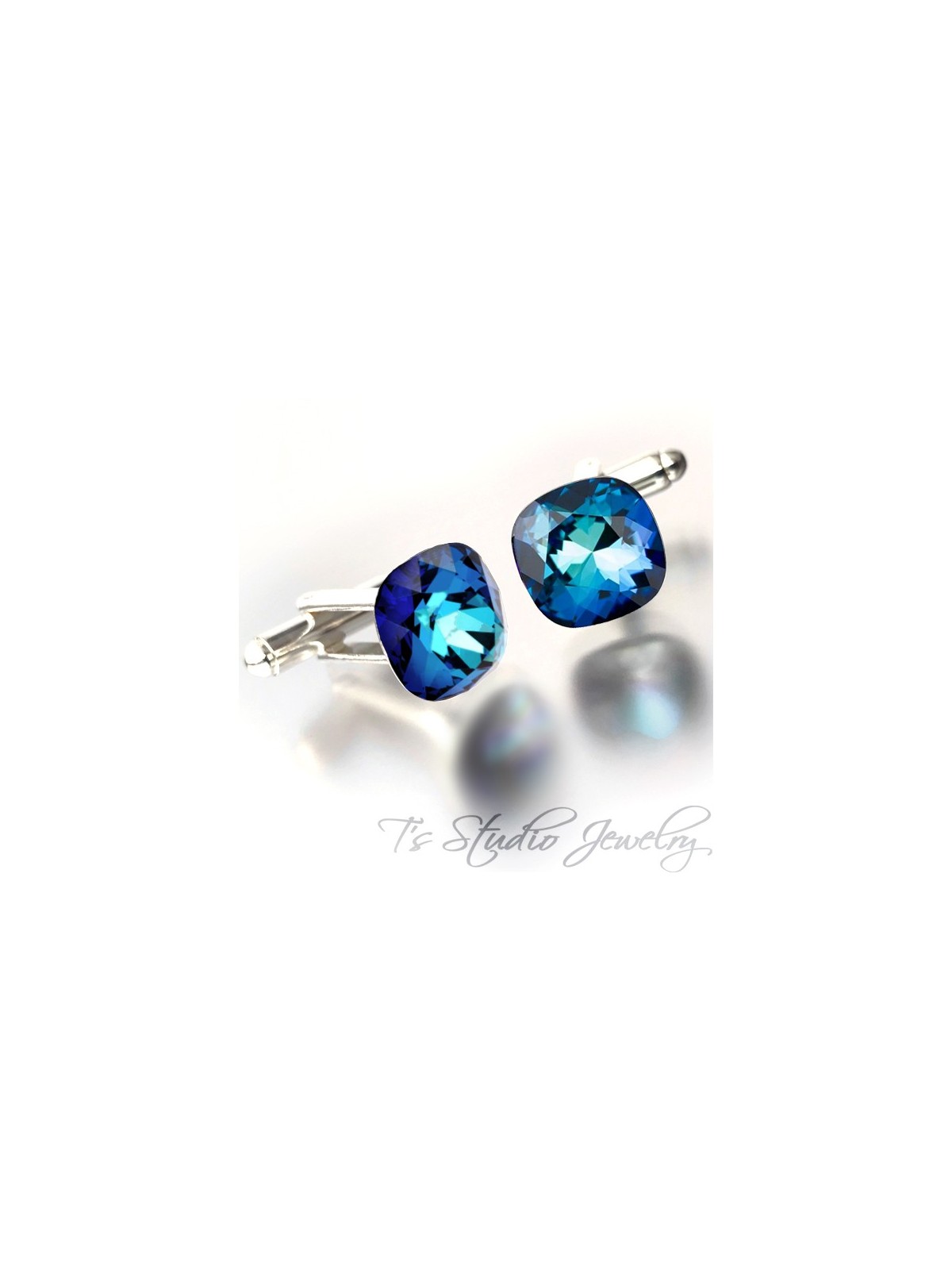 Jewel Tone Peacock Blue Green Cushion Cut Swarovski Crystal Cufflinks Best Man Groomsman Gift