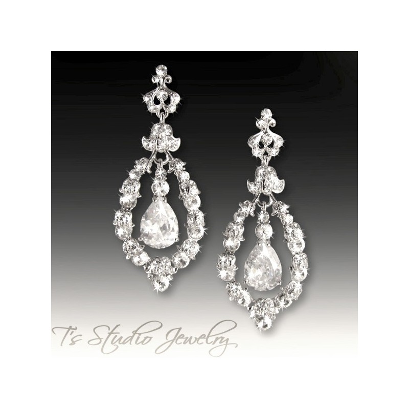 Silver Hoop CZ Cubic Zirconia Crystal Chandelier Wedding Earrings 