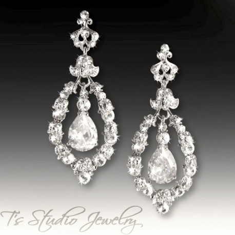 Silver Hoop CZ Cubic Zirconia Crystal Chandelier Wedding Earrings 