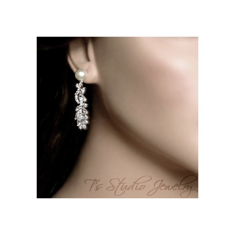 Silver Leafy Pave CZ Crystal Pearl Bridal Earrings