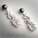 Silver Leafy Pave CZ Crystal Pearl Bridal Earrings