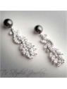 Silver Leafy Pave CZ Crystal Pearl Bridal Earrings Silver Leafy Pave CZ Crystal Pearl Bridal Earrings