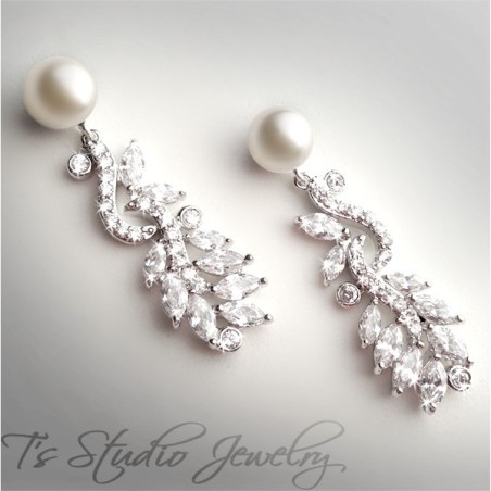 Silver Pave CZ Crystal Pearl Bridal Earrings