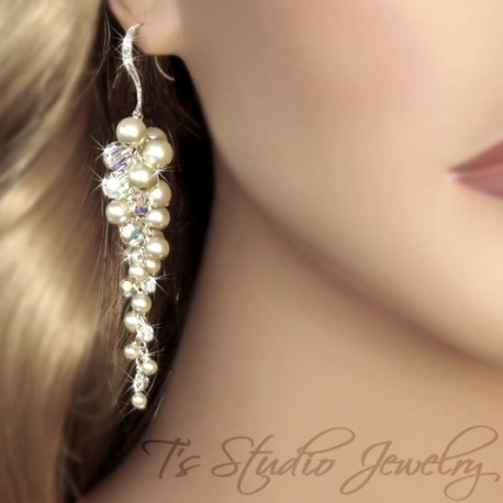 Long Pearl and Crystal Cluster Earrings - KARIN