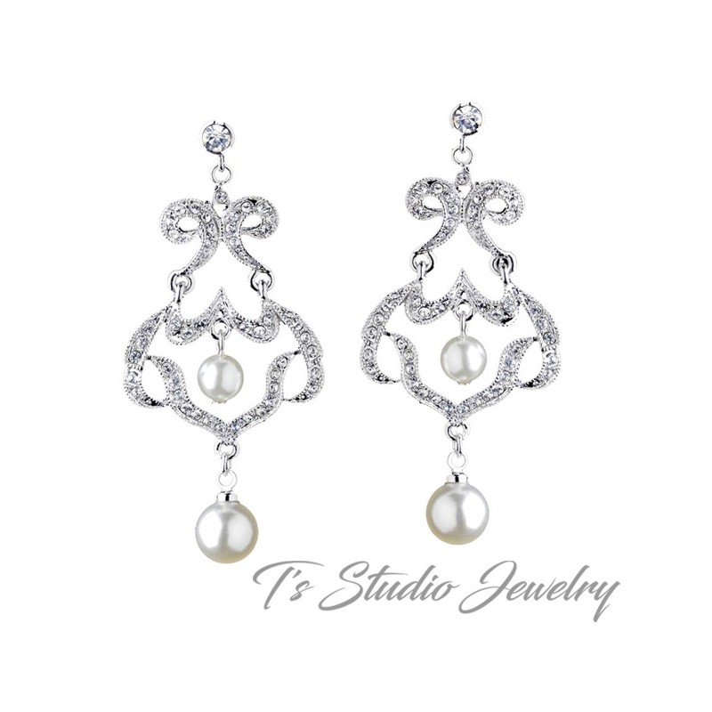 Romantic Silver Rhinestone Chandelier Pearl Earrings