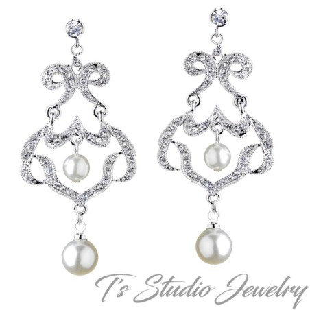 Silver Rhinestone Chandelier Pearl Earrings