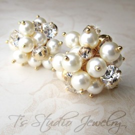Pearl and Crystal Stud Cluster Bridal Earrings
