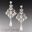 Long Pearl Bridal Chandelier Earrings Silver Clear Crystal Rhinestones