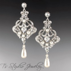 Long Pearl Bridal Chandelier Earrings