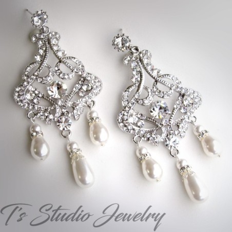 Long Pearl Rhinestone Bridal Chandelier Earrings