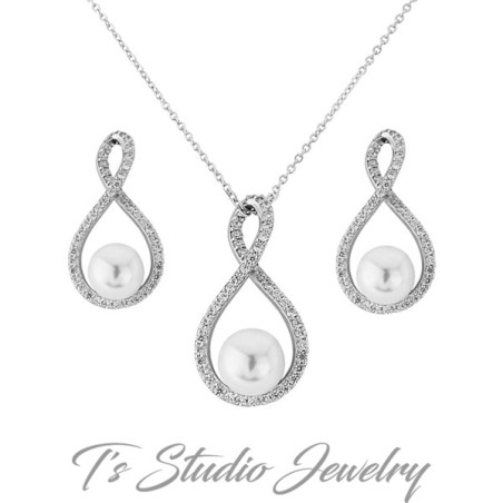 Infinity CZ and Pearl Necklace & Earrings Set
