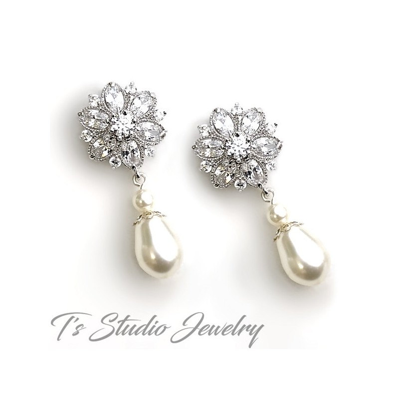 Cubic Zirconia Crystal Flower Bridal Earrings with Teardrop Pearl