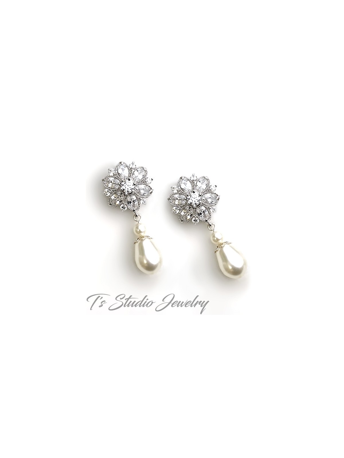 Cubic Zirconia Crystal Flower Bridal Earrings with Teardrop Pearl