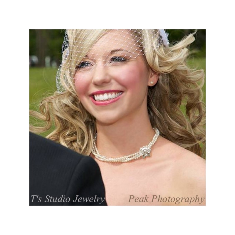 Cubic Zirconia Crystal Flower & Pearl Bridal Necklace