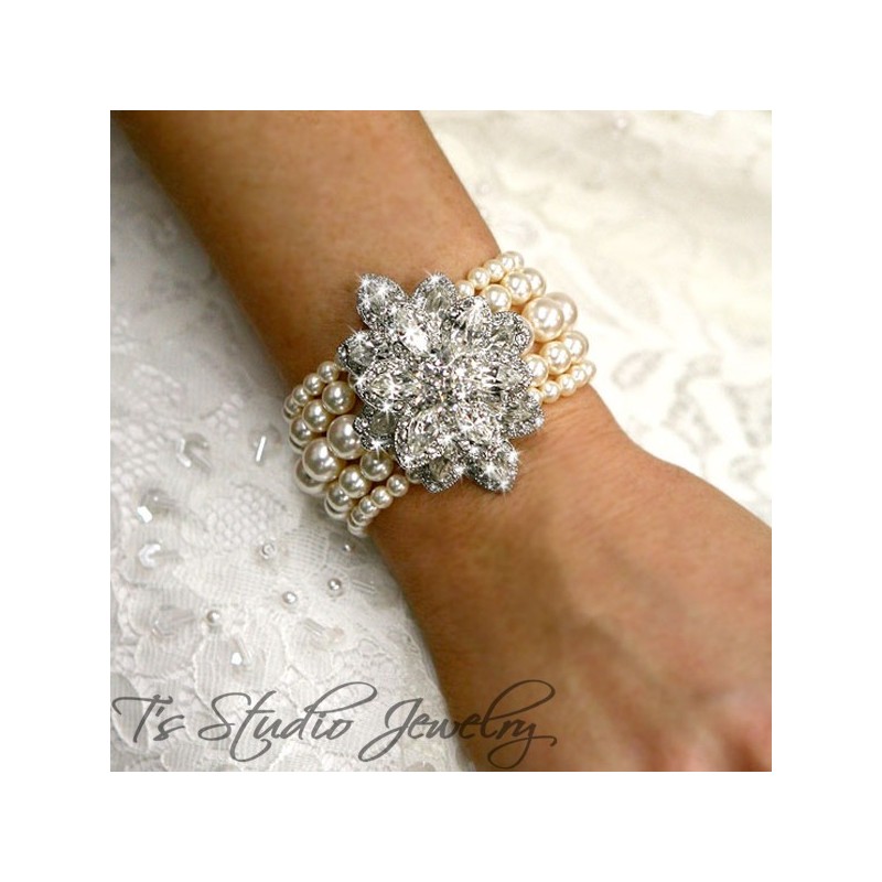 Vintage Theme Champagne Pearl Bridal Cuff Bracelet & Earrings Set