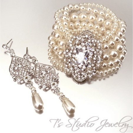 Pearl Cuff Bridal Bracelet & Crystal Earrings Set