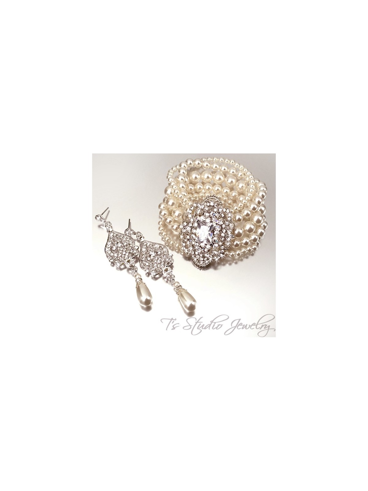 Wedding Pearl Cuff Bridal Bracelet & Crystal Chandelier Earrings Set
