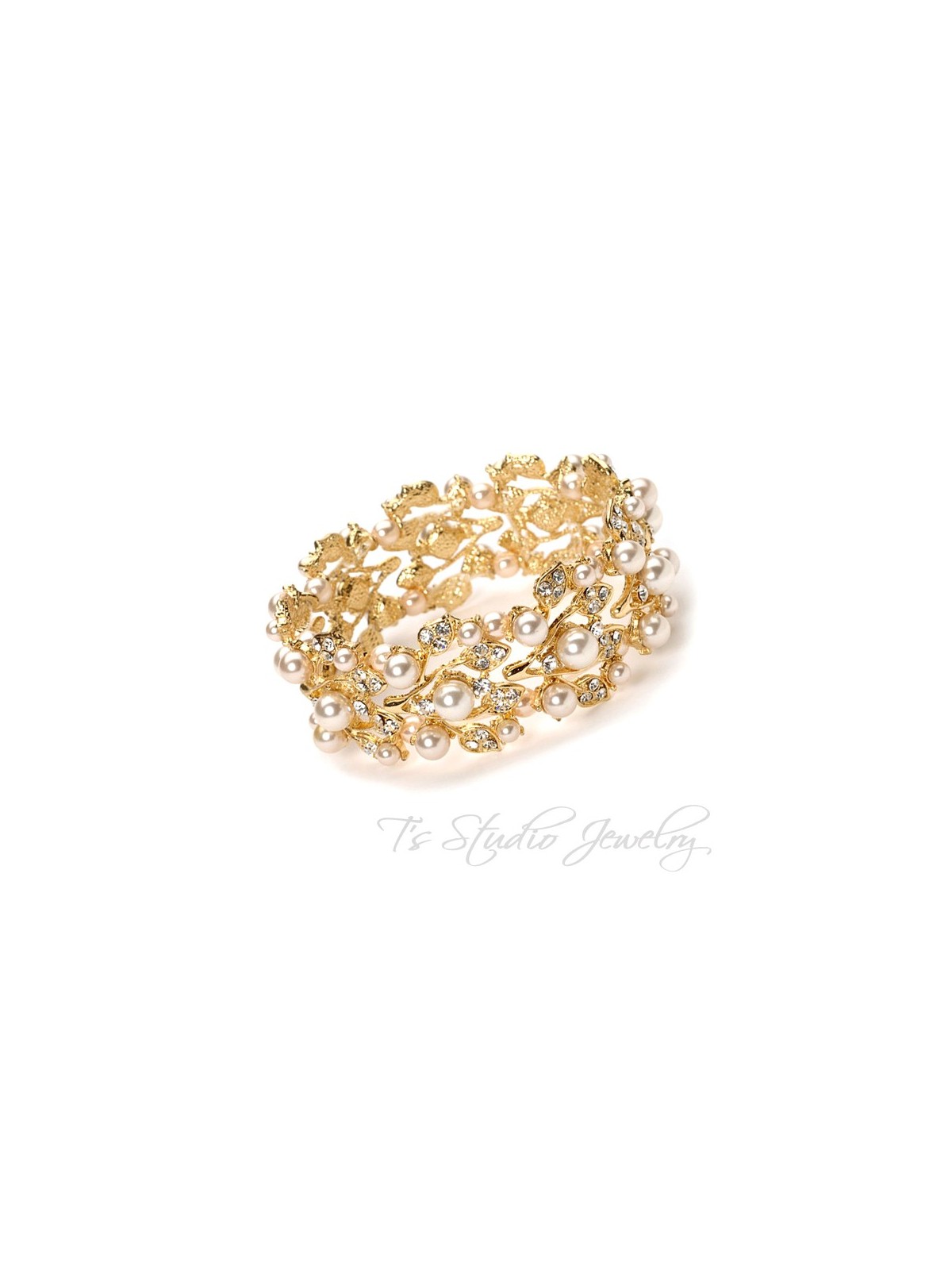 Gold Pearl and Crystal Bridal Cuff Bracelet
