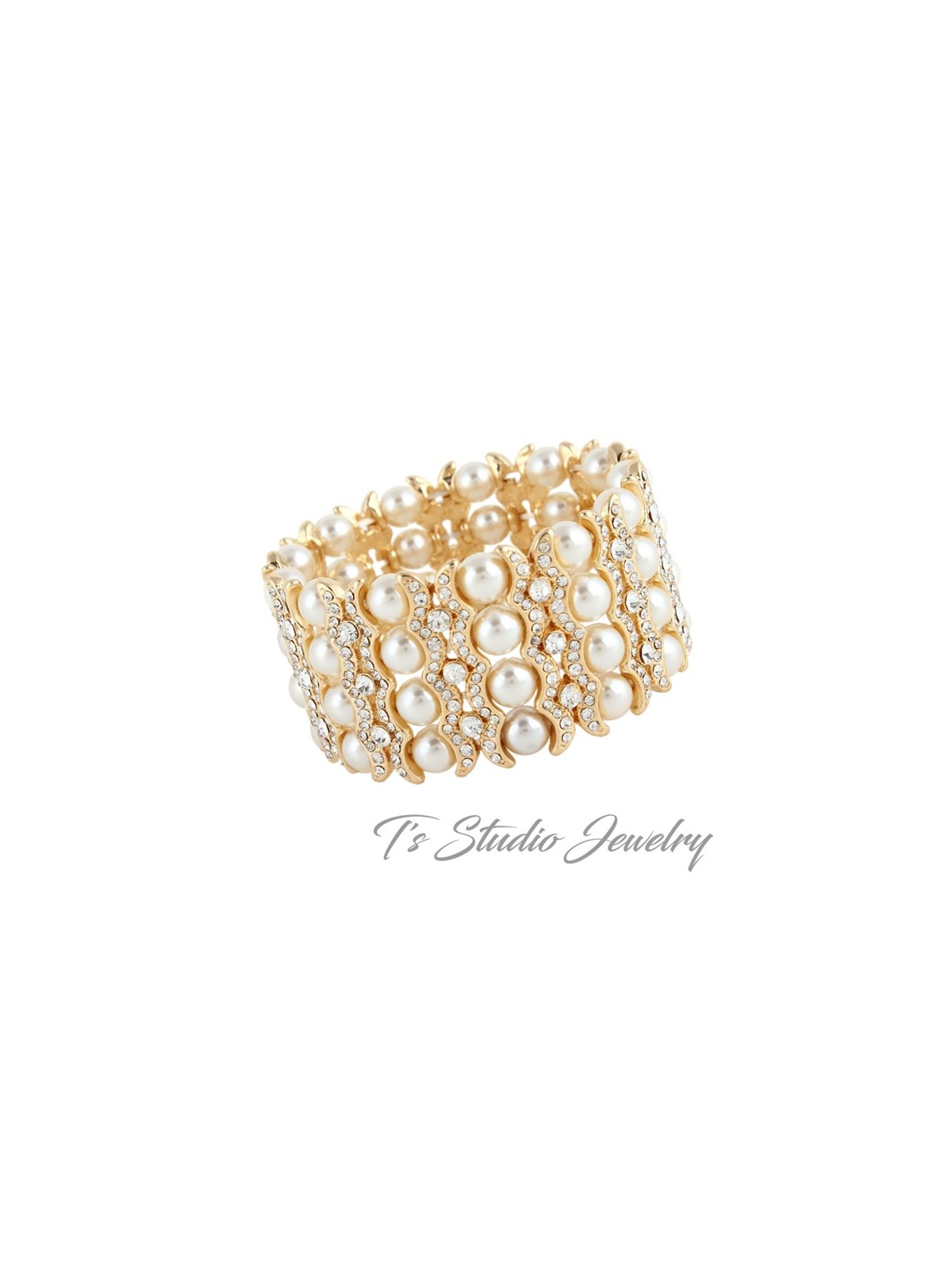 Gold 4-Strand Pearl & Rhinestone Cuff Bridal Bracelet