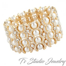 Gold 4-Strand Pearl & Rhinestone Bridal Bracelet