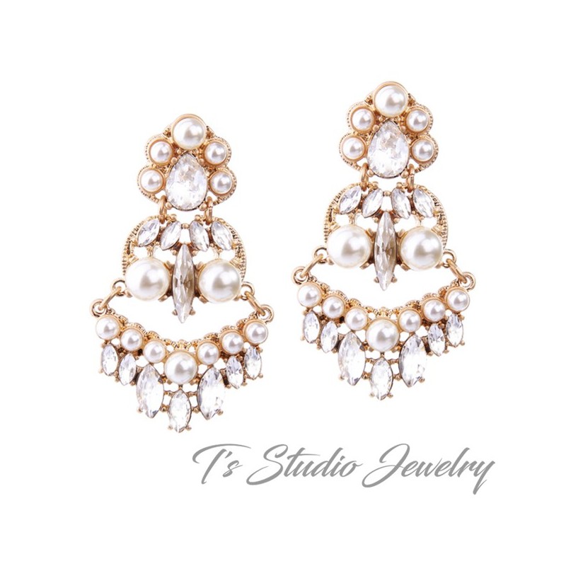 Gold Pearl & Rhinestone Bridal Earrings