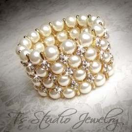 4-Strand Gold Cuff Bridal Bracelet Ivory Pearls
