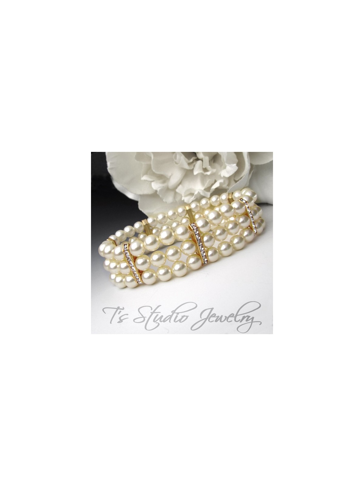 Three Strand Ivory Pearl Bracelet with Gold Rhinestone Spacers