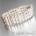Three Strand Ivory Pearl Bracelet with Silver Rhinestone Spacers