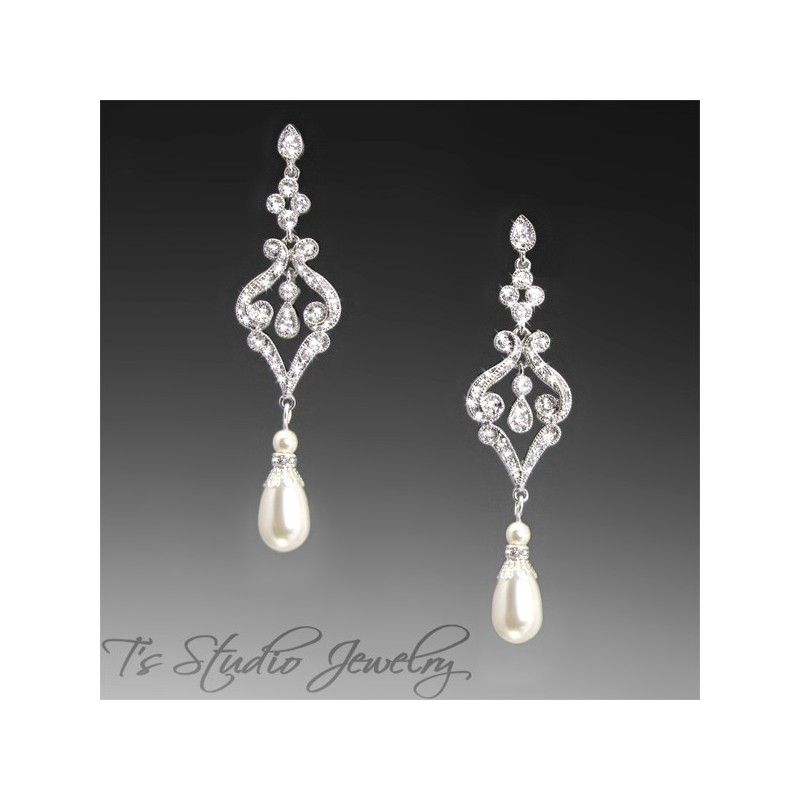 Silver Pave Teardrop Pearl Bridal Chandelier Wedding Jewelry Earrings