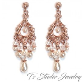 Rose Gold Pearl Bridal Chandelier Earrings