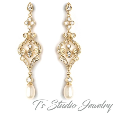Gold Pearl Pave Bridal Earrings
