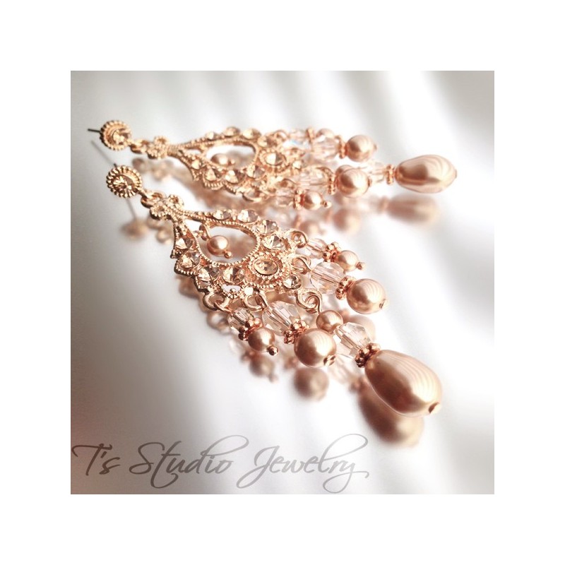 Rose Gold Pearl and Crystal Bridal Chandelier Earrings