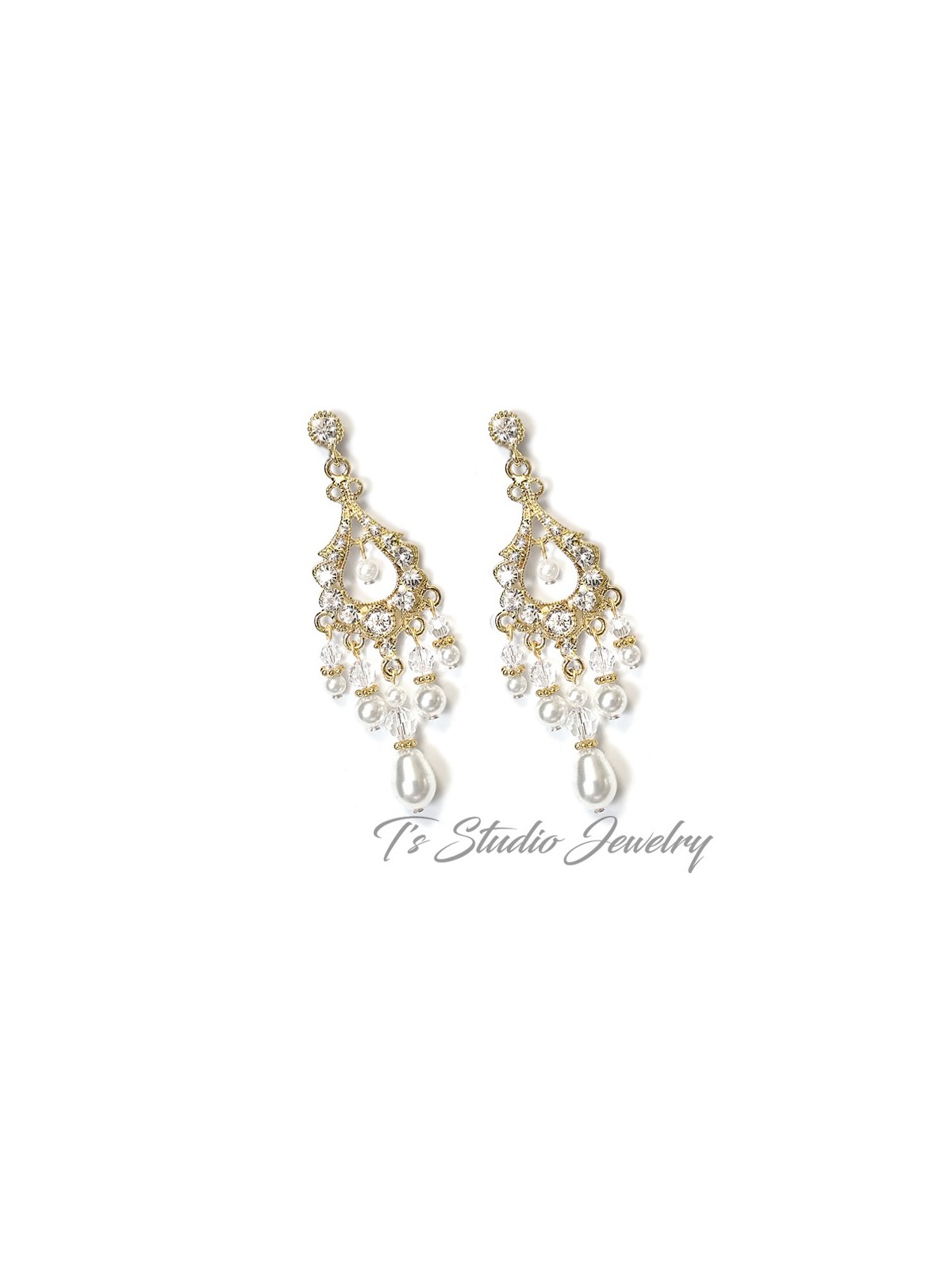Gold Pearl and Crystal Bridal Chandelier Earrings